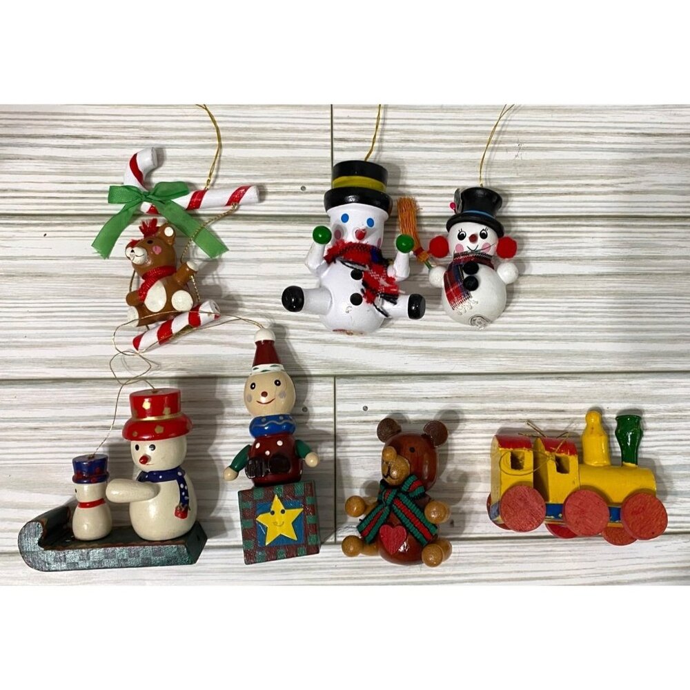 Handcrafted Wooden Christmas Ornaments Snowmen Train Bear Lot of 7